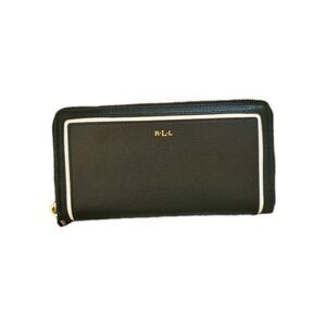 Lauren Ralph Lauren Black Leather Zip Around Wallet White Stripe Y2K Functional